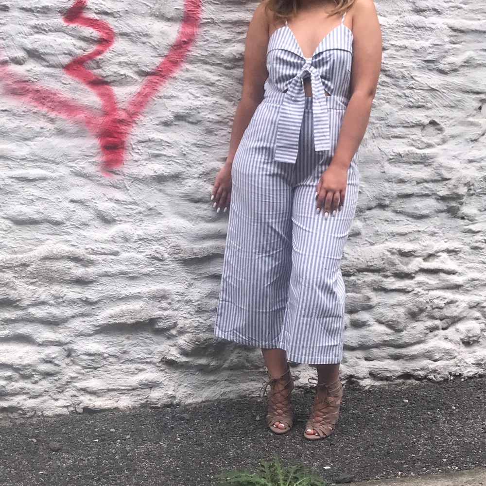 Blue and white striped wide legged jumpsuit
